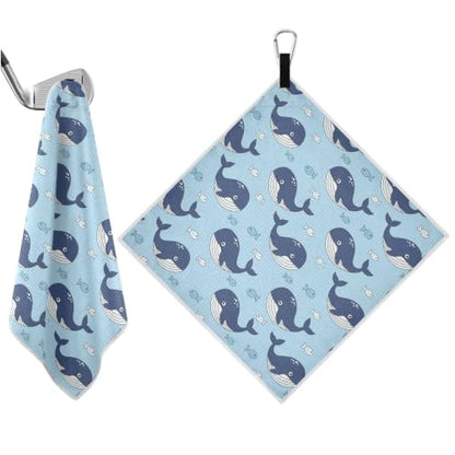 Cartoon Whales Fish Blue Pattern Magnetic Golf Towel for Golf Bags Microfiber Golf Essentials for Women Men with Carabiner Clip Attaches to Clubs and Carts, 17.7"x17.7"