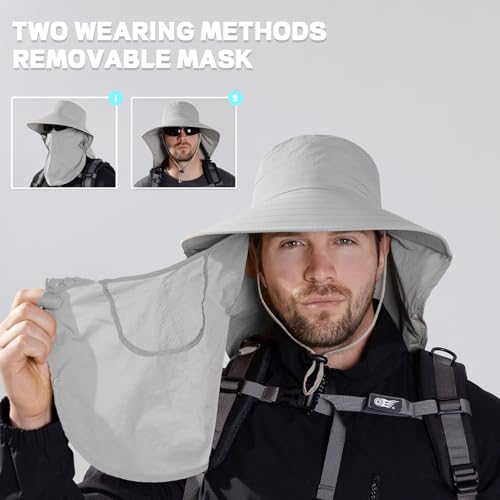 Rosoz Sun Hat for Men Women with Neck Flap,Wide Brim UPF50+ Fishing Hat with Detachable Face Cover Outdoor Sun Protection Hat - color: 1pack-light Greyi/Arm Sleeves