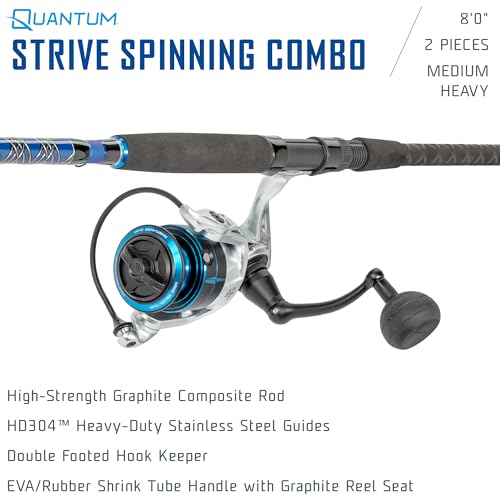 Quantum Strive Spinning Reel and Fishing Rod Combo, Graphite Composite Blank, 4+1 Bearings, Silver/Blue - size: 8'0", style: Size 5000 Reel