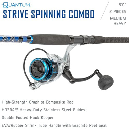 Quantum Strive Spinning Reel and Fishing Rod Combo, Graphite Composite Blank, 4+1 Bearings, Silver/Blue - size: 8'0", style: Size 5000 Reel