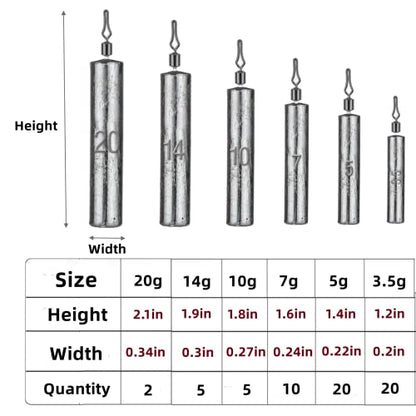 62Pcs/Box Lead Drop Shot Weights Kit (3/4oz, 1/2oz,1/4oz.3/8oz,1/5oz.1/8oz Mixed), Pencil Shaped Drop Shot Rig, No Snag Skinny Lead Sinker, Fishing Bass Rig Cylinder Saltwater Freshwater