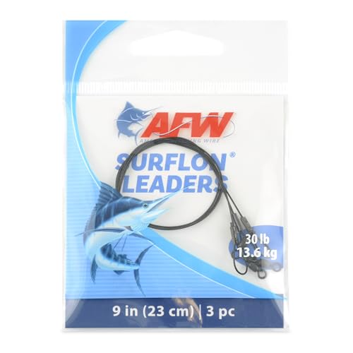 AFW Surflon Fishing Leaders – Black Nylon Coated Stainless Steel Wire, Swivel & Snap, 3 Pack, Variety Pack – Strong Leader Line for Catfishing & Toothy Game Fish - size: 30 lb, style: 9 Inch