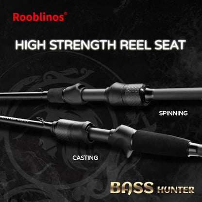 ROOBLINOS BASS Hunter 6.9ft Casting Spinning Freshwater Saltwater Rod Heavy Power Fast Action Fishing Pole 2-Piece Black Lightweight Sensitive Graphite Rod for Bass & Pike Lake River Boat Fishing