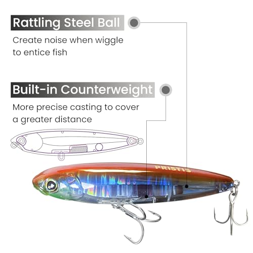 Pristis 3 pcs Topwater Fishing Plopper Lures, Floating Popper Bait Set with Chemically Sharpened Hooks for Saltwater Freshwater, Top Water Plopping Swimbait Teaser for Bass Tuna Perch Pike Crappie - color: Iridescent Luster Pencil Poppers