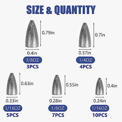 Bullet Fishing Weights Sinkers, 29/83pcs Worm Weights Fishing Sinkers Assortment Slip Sinker Weights for Bass Fishing Carolina Rig Texas Rig Saltwater Freshwater - style: 29pcs-unpainted