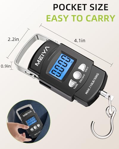 MEIYA Fish Scale 110lb/50kg Digital Fishing Scale with Backlit LCD, Portable Handle, Stainless Steel Hook, Built-in Tape Measure & 2 AAA Batteries, Reliable Fishing Gear & Great Fishing Gifts for Men