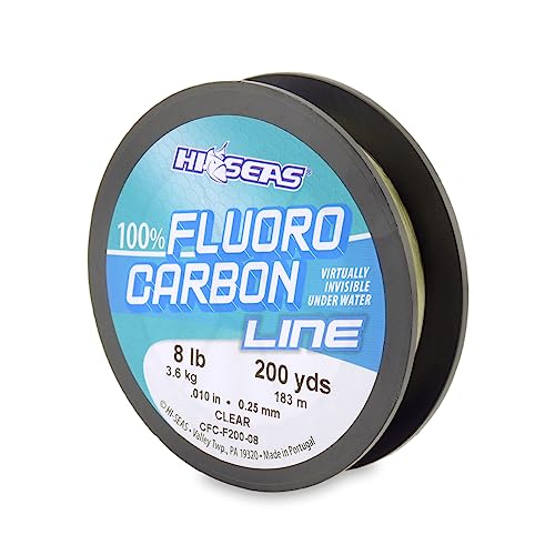 Hi-Seas 100% Fluorocarbon Fishing Line Clear - Strong & Tough Fishing Leader Line, Sinks Faster Than Monofilament Fishing Line. Available in 6lb, 8lb, 10lb, 12lb, 15lb, 20lb, 25lb Test - style: 8 Pound Test, 200 Yard