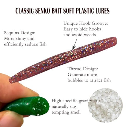 Senko Bait Soft Plastic Lures 20pcs - 4inch Wacky Rig Worms for Bass Fishing, 5-Color Mix Soft Stick Baits for Wacky & Carolina Rig Fishing