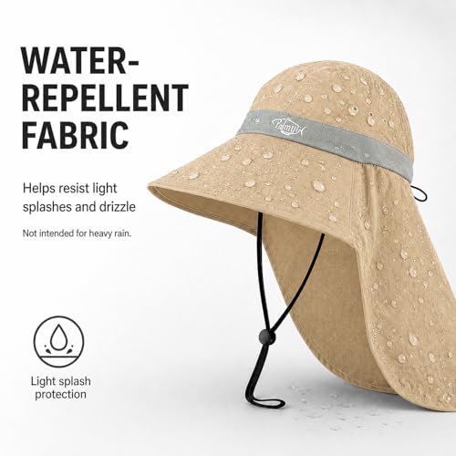 Palmyth Fishing Hat UPF 50+ Sun Protection Neck Flap Hat for Men and Women | Cooling Neck Flap, Water Resistant, Wide Brim, Detachable Chin Strap, Breathable Mesh, Sweatband, Adjustable Buckle, Packable - color: Khaki