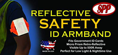 Reflective White Armband Badge Holder, Black Stretch Band, Black Buckle, Fits 2 3/4" x 4 1/8" Cards, Top Slit, Made in USA - color: White/Black, size: 1 Pack
