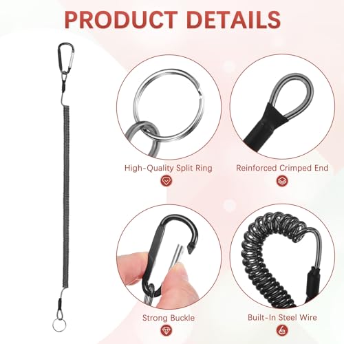 16.54IN Retractable Safety Coiled Lanyard [3PCS] - Steel Wire Fishing Rod Safety Lanyard Use for Pliers Boating - color: Black