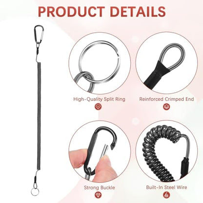 16.54IN Retractable Safety Coiled Lanyard [3PCS] - Steel Wire Fishing Rod Safety Lanyard Use for Pliers Boating - color: Black