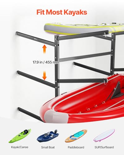 VEVOR Kayak Storage Rack, Heavy Duty Adjustable Freestanding Stand with Lockable Wheels for Indoor Outdoor Garage Shed Dock, Holder for Canoe, SUP, Surfboard & Paddleboard - style: Stand-6 Kayaks-black