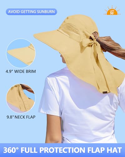 Womens Sun Hat Outdoor UV Protection Wide Brim Fishing Hat with Ponytail Hole Neck Flap for Beach Hiking Camping - color: Khaki