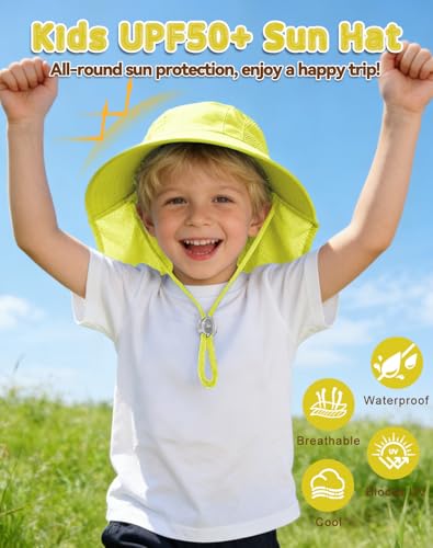 Rosoz Kids Sun Hat with Neck Flap UV Protection Summer Toddler Beach Hat Unisex Ponytail Hat Wide Brim Fishing Hat - color: Light Pink+yellow