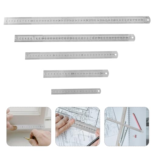 Lurrose 5pcs Double-Sided Stainless Steel Rulers with Metric and Imperial Scales, Metal Measuring Yardsticks Set for School, Office, and Construction Use, Straight Ruler Kit