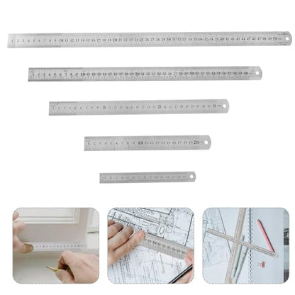 Lurrose 5pcs Double-Sided Stainless Steel Rulers with Metric and Imperial Scales, Metal Measuring Yardsticks Set for School, Office, and Construction Use, Straight Ruler Kit