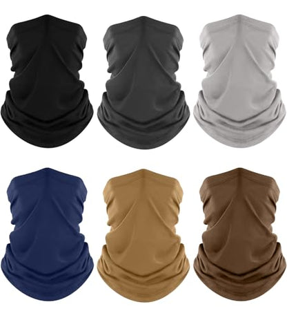 Fuinloth Neck Gaiter, 6 Pack Cooling UV Protection Bandana Face Mask Gator | Breathable Sweat Wicking, UPF 50, Sun Wind Dust Shield, Quick Dry & Washable, 95% Polyester 5% Spandex - color: Black+gray+light Gray+navy+sand+brown