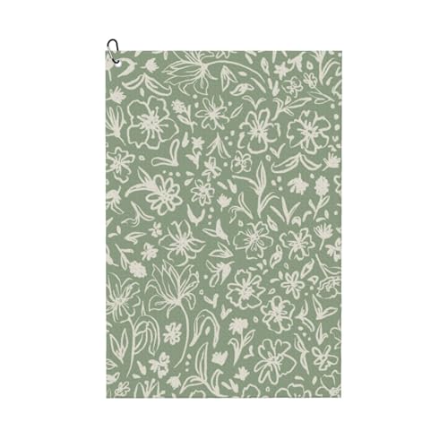 Sage Green Golf Towel Microfiber with Carabiner Clip, Funny Cleaning Cloth for Golf Balls & Clubs, Gift for Women Men, Golfers, Dad, Grandpa, Bag Accessories 16"*24"-Flowers Herbs Leaves - color: Sage Green