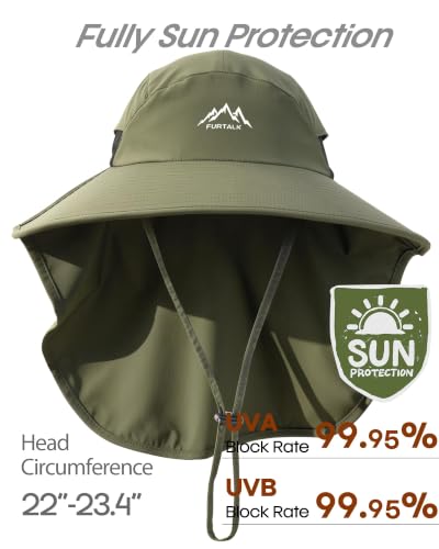 FURTALK Sun Hats for Men Women Fishing Hat with Neck Flap Chin Strap UPF 80+ Wide Brim Hiking Safari Summer Hats - color: Green