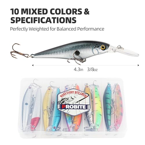 10Pcs Minnow Fishing Lures Set, Shallow Diver Jerkbait with Built-in Sonic Vibrations, Life-Like Bionic Swimbait with Sharp Treble Hooks for Bass, Trout, Walleye, Saltwater & Freshwater - size: 4inch, 1/2 oz
