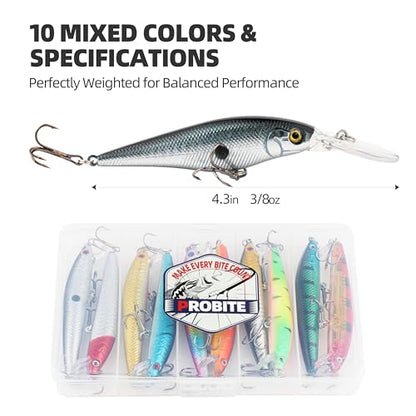 10Pcs Minnow Fishing Lures Set, Shallow Diver Jerkbait with Built-in Sonic Vibrations, Life-Like Bionic Swimbait with Sharp Treble Hooks for Bass, Trout, Walleye, Saltwater & Freshwater - size: 4inch, 1/2 oz
