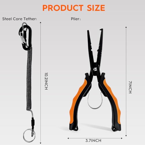 BasicGear Heavy-Duty Fishing Pliers - 7" S45C Carbon Steel Head with Teflon Coating, External Spring & Steel-Core Lanyard - color: S45c Carbon Steel