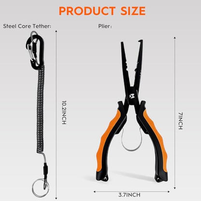 BasicGear Heavy-Duty Fishing Pliers - 7" S45C Carbon Steel Head with Teflon Coating, External Spring & Steel-Core Lanyard - color: S45c Carbon Steel