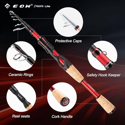 EOW XPEDITE LITE Portable Telescopic Fishing Rods & Combo, Spinning & Casting Fishing Poles, 24T Carbon Rod Blanks, Solid Carbon Tip, Split Cork Grips, Travel Rod, Combos with 5+1BB Spinning Reel - size: 7'-M-Fast, style: Combo- Spinning Rod and Reel