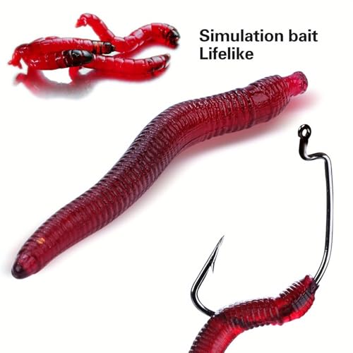 100PCS Scented Soft Fishing Lures, Realistic Red Worm Artificial Bait Freshwater Saltwater Fishing Tackle for Bass Trout Carp, 100PCS