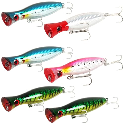 Large Top Water Popper Lure: 2pcs 3D Eyes Tuna Popper Saltwater Fishing Lures for Surf Fishing Gt Tuna Kingfish Large Predator Fish - color: Multi color
