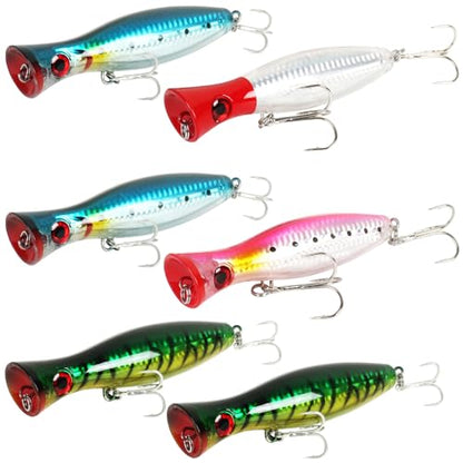 Large Top Water Popper Lure: 2pcs 3D Eyes Tuna Popper Saltwater Fishing Lures for Surf Fishing Gt Tuna Kingfish Large Predator Fish - color: Multi color