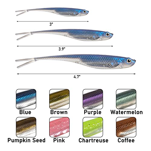 Dr.Fish Soft Plastic Baits, Fork Tail Soft Jerkbait Minnow Lures, 3 to 4-3/4 Inches Soft Swimbaits Jerk Shad Baits Crappie Bass Fishing Lures - color: Blue, size: 4.75"-5 Pack