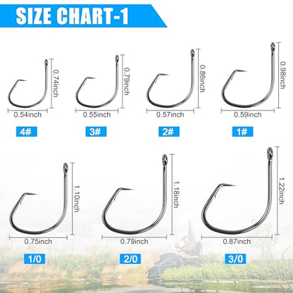 Fishing Circle Hooks Saltwater, 120pcs Catfish Hooks Offset Circle Octopus Fishing Hooks High Carbon Steel Black Nickel 2X Strong Barbed Fishhooks for Bass Trout Catfish Freshwater Size 6#-10/0 - size: 2/0-120pcs