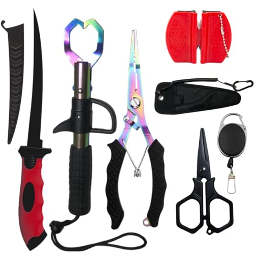 Pro Fishing Gear Fishing Tool Set, Fishing Pliers with Lanyard, Fish Lip Gripper, Fillet Knife, Fishing Braid Scissors, Nylon Sheath, Retractable Tool Tether, Sharpener, Fishing Gifts for Men - color: Red+colorful