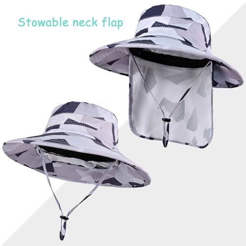 Sun Hats for Men Women, UPF50+ Protection Safari Hat,Wide Brim Fishing Hat with Neck Flap,Bucket Hats for Beach Hiking - color: Camolgrey