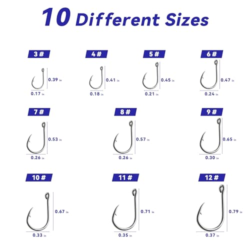 200pcs 10 Sizes Fishing Hooks with Portable Plastic Box, Carbon Steel Strong Sharp Fish Hook with Barbs for Seawater & Freshwater Catfish Trout Bass Octopus, Fishing Gift for Men