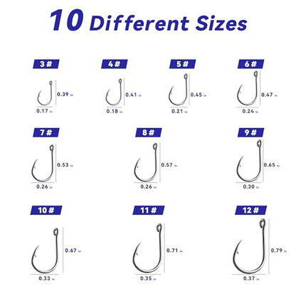 200pcs 10 Sizes Fishing Hooks with Portable Plastic Box, Carbon Steel Strong Sharp Fish Hook with Barbs for Seawater & Freshwater Catfish Trout Bass Octopus, Fishing Gift for Men