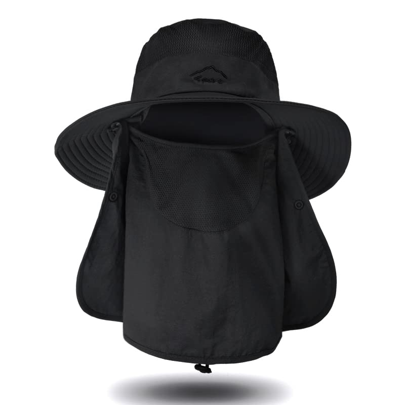Fishing Hat for Men Sun Protection Hat with Removable Mesh Face Neck Flap Cover Windproof Strap for Men and Women - color: Black
