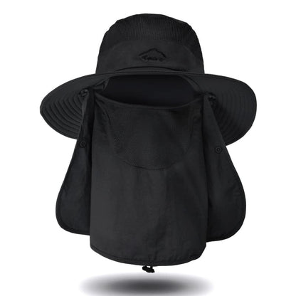 Fishing Hat for Men Sun Protection Hat with Removable Mesh Face Neck Flap Cover Windproof Strap for Men and Women - color: Black