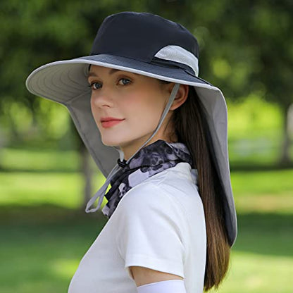 HUAMULAN Women Large Brim Sun Hat with Neck Flap, Men Quick Dry Hiking Fishing Safari Hat UPF 50+ - color: Hyp011-black