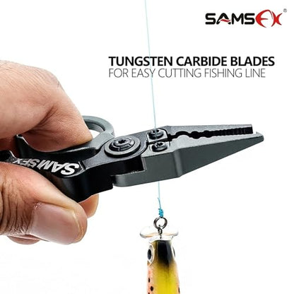 SAMSFX Mini Fishing Pliers with Fly Fishing Zinger Retractor, Fish Hook Remover Tool, Split Ring Pliers for Saltwater & Freshwater, Tungsten Carbide Cutters, Fishing Gear Gift for Anglers - color: Silvery
