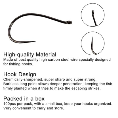 Eupheng Fly Fishing Hooks 100pc Pack Barbless Catch & Release Dry Wet Nymph Shrimp&Pupa, Streamer, Caddis, Jig, Scud Flies Fishing Hooks - color: EP Fly-C&R-CADDIS-0001, size: #14