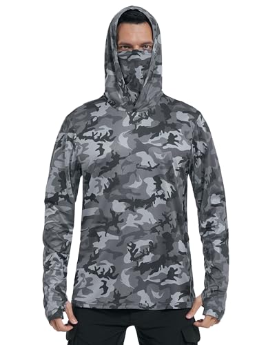 FISHEAL Men's Performance Fishing Hoodie Shirt - UPF 50+ Sun Protection Long Sleeve Thumbholes Shirts with Neck Gaiter - color: Charcoal Gray, size: Medium