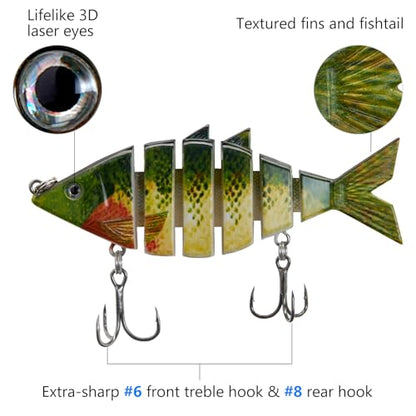 BASSDASH Bone Swimbait Multi Jointed Hard Fishing Lure for Bass Trout Bluegill Pike with Angled Cut Segments - color: Green Bluegill