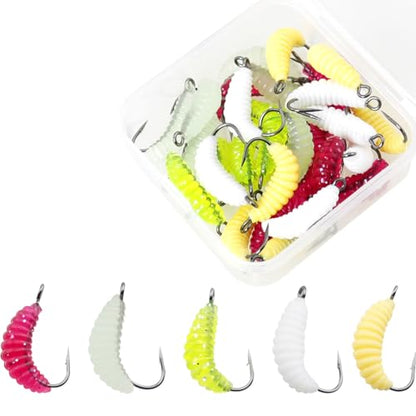ZCZQC 30PCS Fishing Maggot Bait Set Mealworm Bait Assorted Colours Hooks and Worms Boxed 0.83in for Crab Trout Blue Gill Bass Freshwater Bait Kit