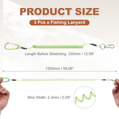 PATIKIL Fishing Lanyard, (59.06" Length, Green) (3Pcs), Retractable Coiled Tether Anti-Lost Rope Coiled with Carabiners and 360° Rotatable Hook, Suit for - Fishing/Hunting/Hiking/Boating - color: Green, size: 59.06"