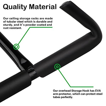 4 Set Overhead Garage Storage Rack, Heavy Duty Overhead Storage Double Hook, Ceiling Mount Hanger Safe Racks Hooks, Hanging for Lumber Ladder Storage & Other Bulky Items (Pack of 4 - Black) - size: Width 16.5in/42cm 4 pack