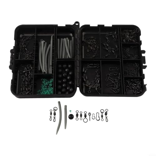 300Pcs Carp Fishing Tackle Box Kit with Clips Hooks Swivels Terminal Rigs Snaps, Plastic Organizer Case for Bass Trout Rock Fishing, Black
