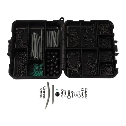300Pcs Carp Fishing Tackle Box Kit with Clips Hooks Swivels Terminal Rigs Snaps, Plastic Organizer Case for Bass Trout Rock Fishing, Black